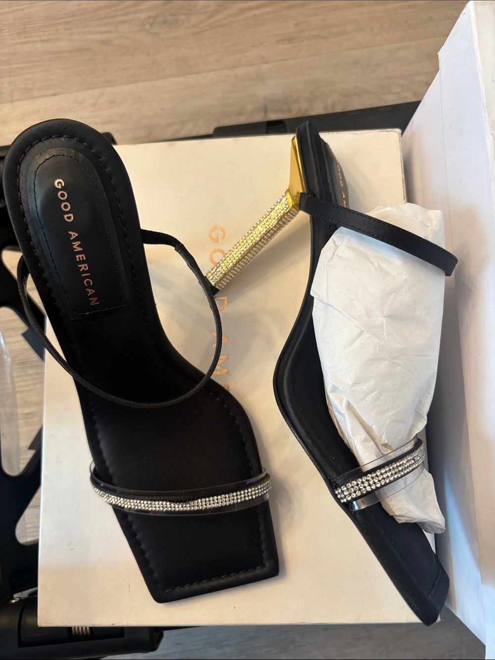 Good American Black Rhinestone-Embellished Square Toe Heels with Gold Accents